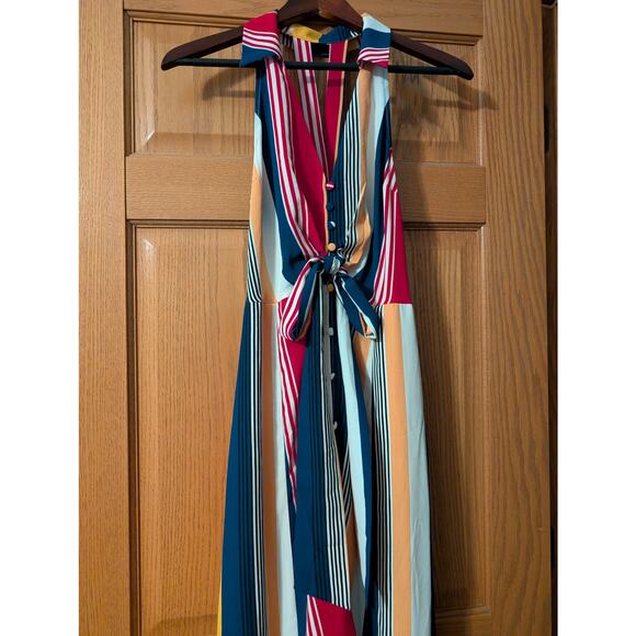 Retro funky Lulumari striped colorful collared button tie front small maxi dress - Picture 4 of 10